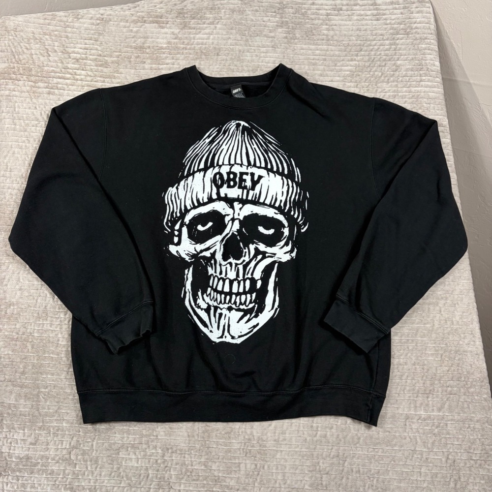 Obey Mens XXL Black Beanie Skull Graphic Crewneck Sweatshirt Streetwear XXL